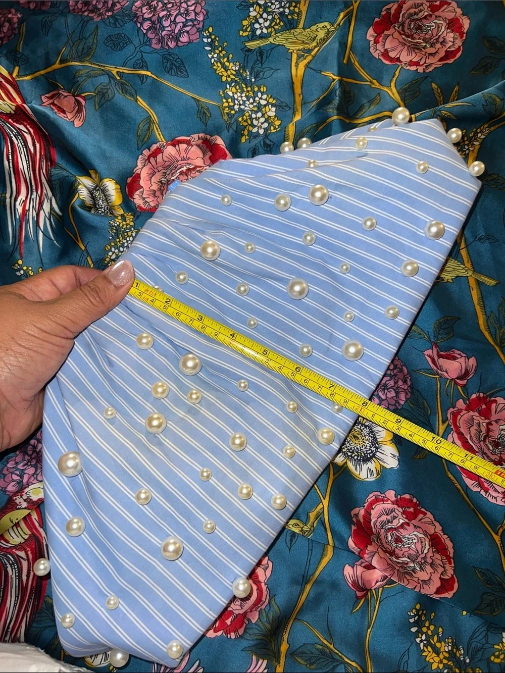 Maeve by Anthropologie Blue Pinstripe and Pearl Clutch